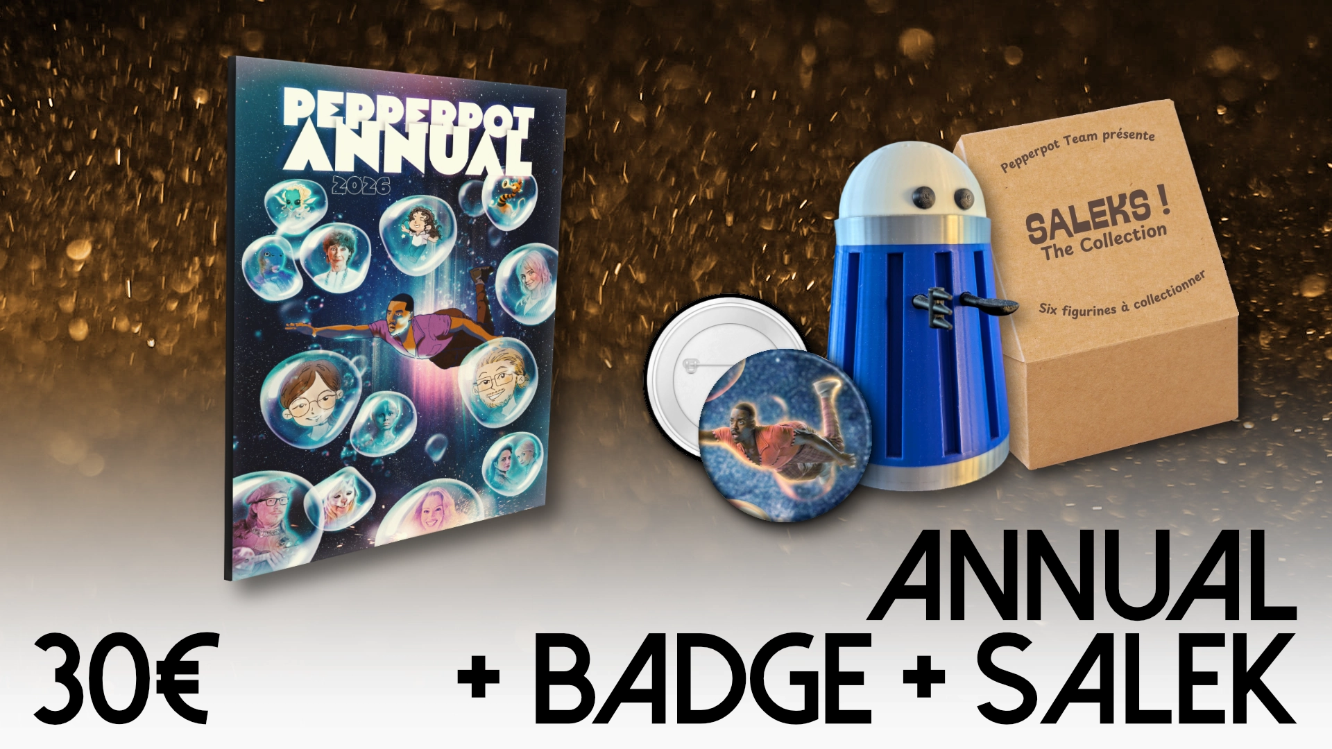 Pack Pepperpot Annual + Bagde + Figurine