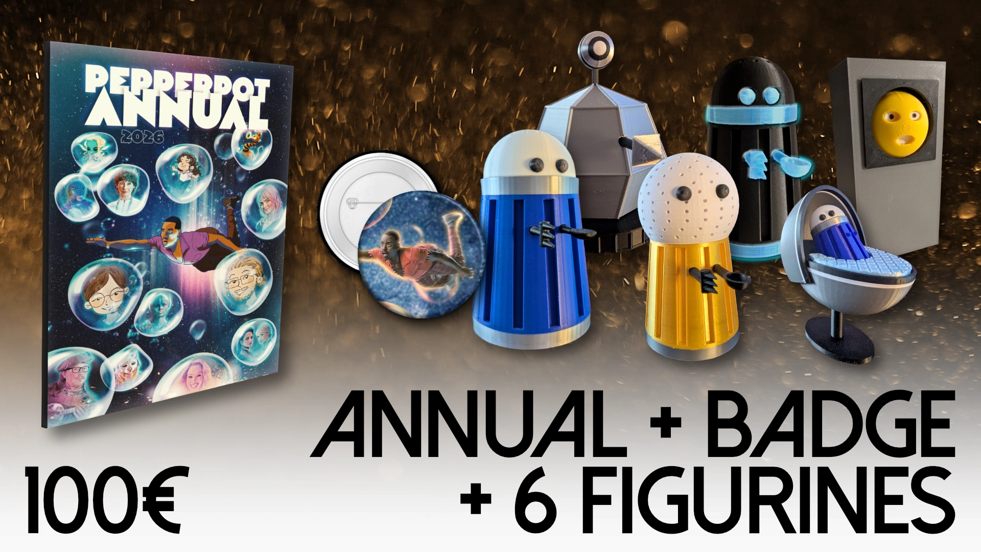 Pack Pepperpot Annual + Bagde + 6 Figurines